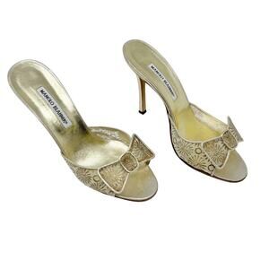Manolo Blahnik Gold Lace Bow Heels Mules Bridal Evening Shoes 40